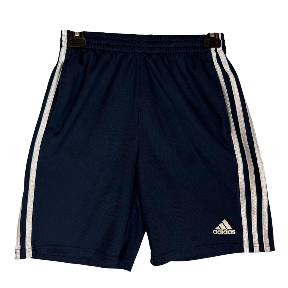 Adidas Shorts Kids 14-16 Blue Mesh 3-Stripes Elastic Waist Gym Athletic